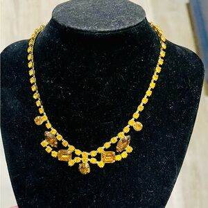 Vintage 1950s Topaz Rhinestone Choker Necklace Amber Gold Tone